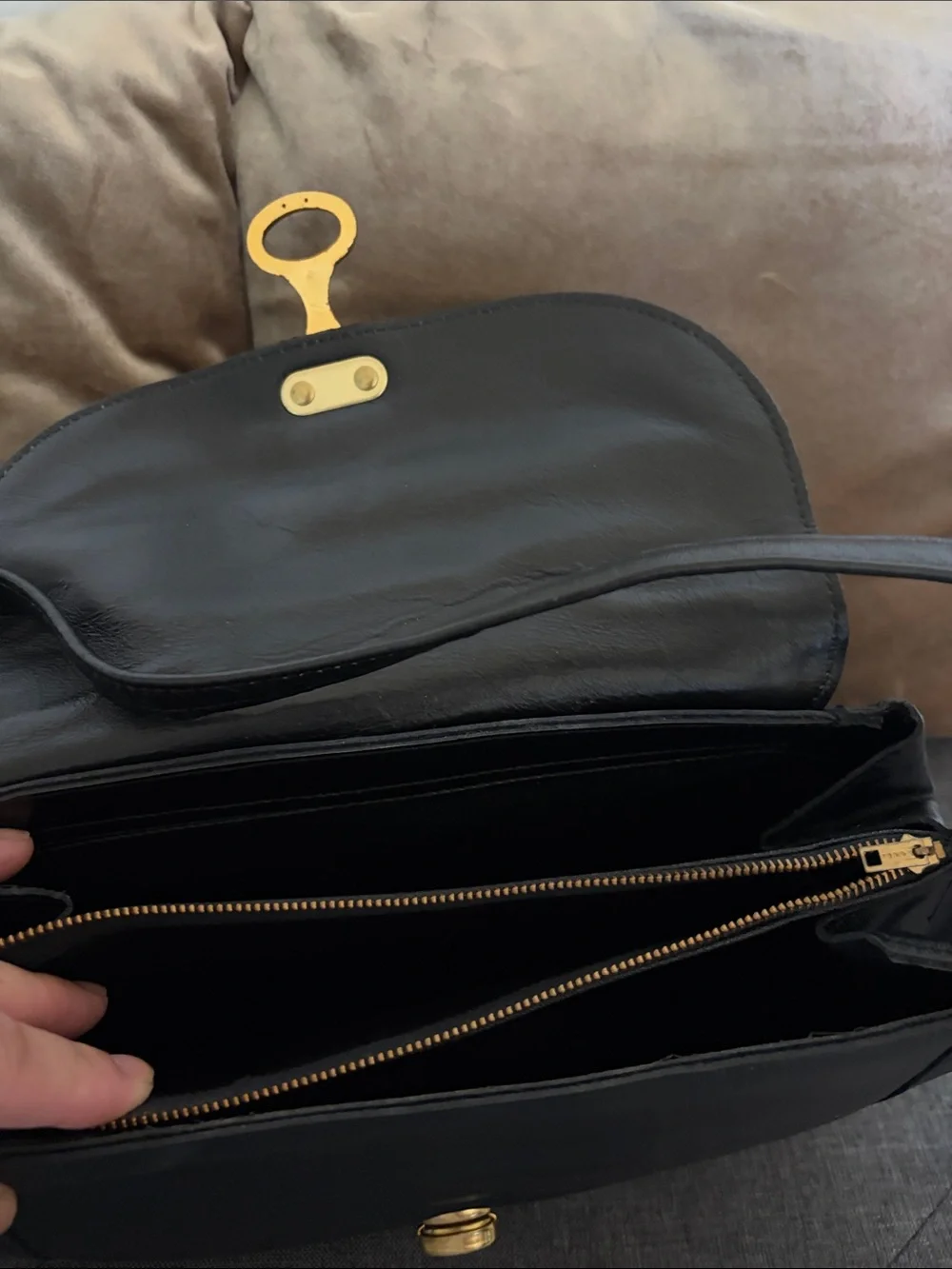 Vintage Black Leather Shoulder Bag with Gold Hardware, Strap 15 1/2 in. ,13x8 in